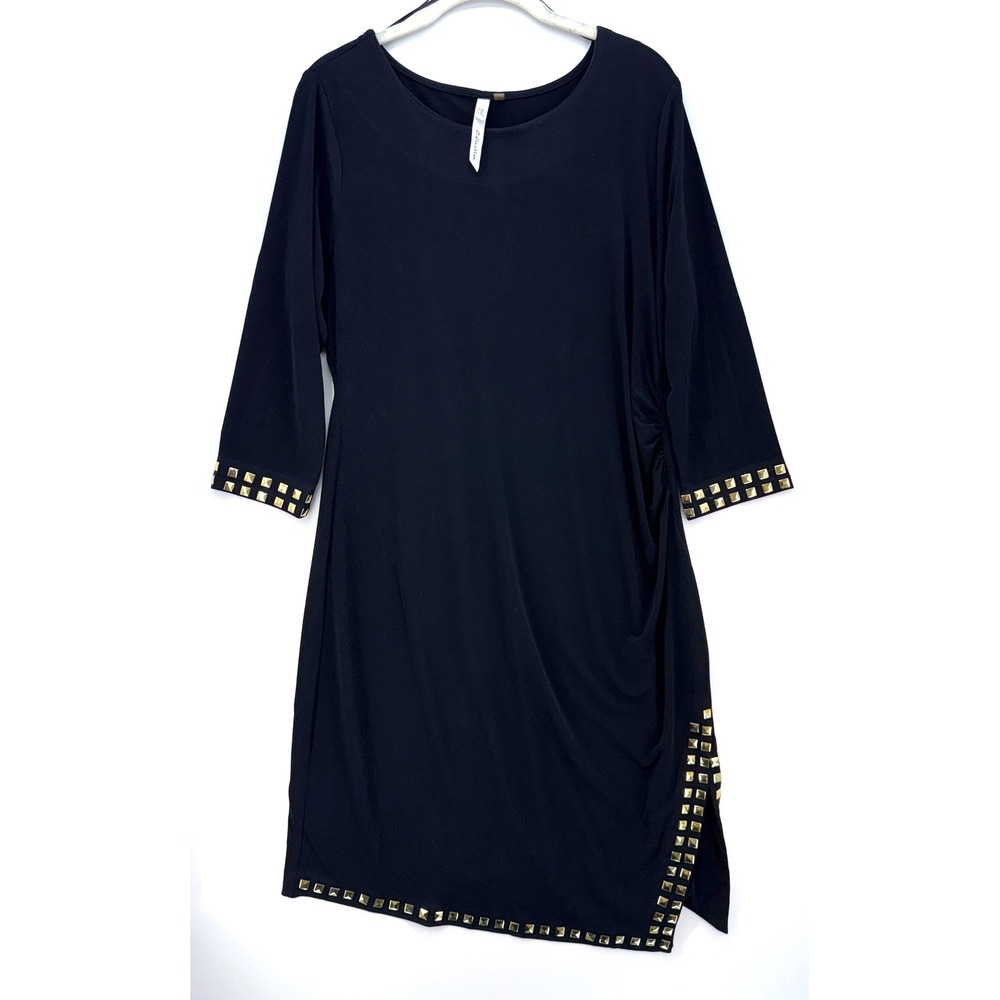 Black Gold Studded Draped Sheath Midi Asym Dress Sz L Goth Glam Black Tie‎ LBD